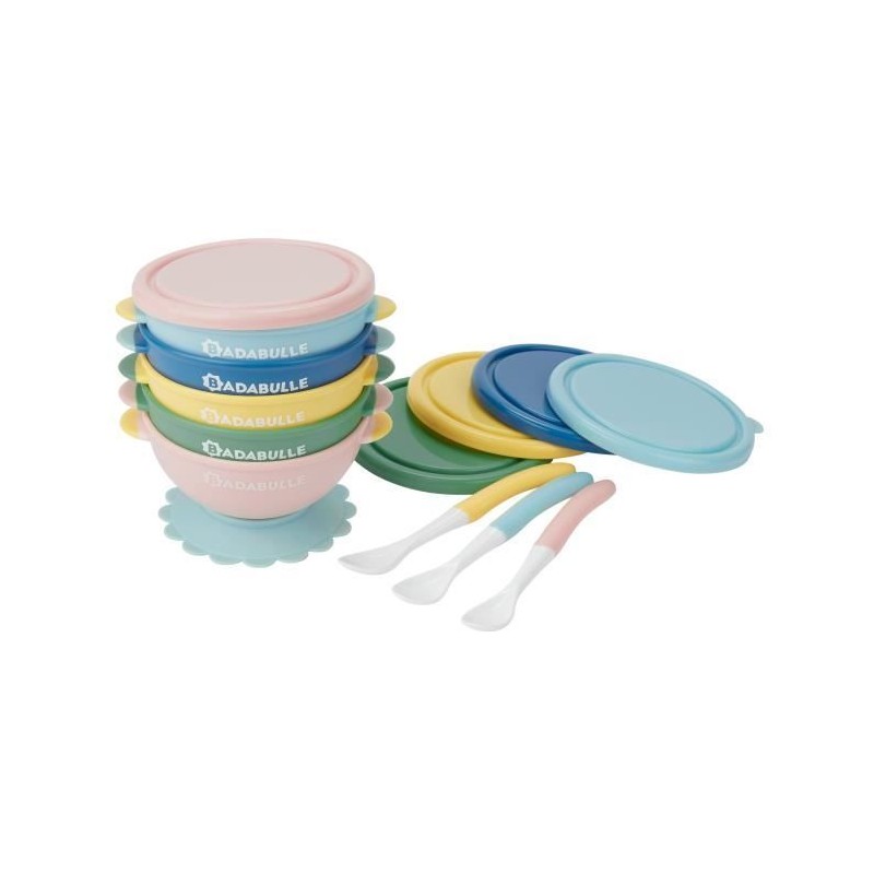 BADABULLE Lot de 5 bols bébé antidérapants 330ml, couvercles hermé BADABULLE Lot de 5 bols bébé antidérapants 330ml, couvercles hermé