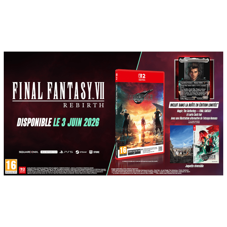 Final Fantasy VII Rebirth + Carte promotionnelle exclusive Magic: The Gathering Final Fantasy • Jeu Nintendo Switch 2 Final Fantasy VII Rebirth + Carte promotionnelle exclusive Magic: The Gathering Final Fantasy • Jeu Nintendo Switch 2