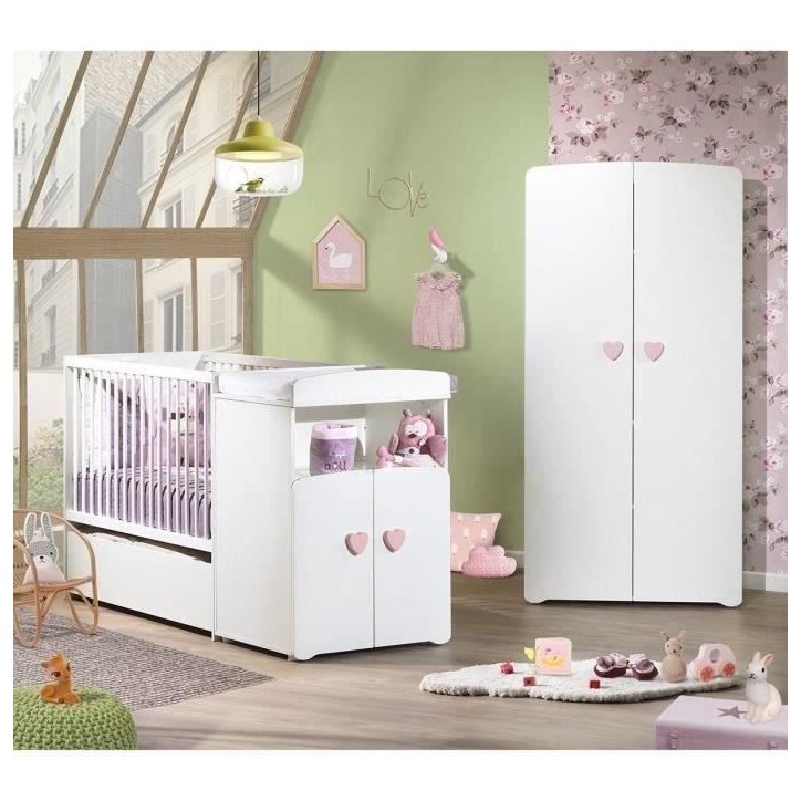 Lit bébé combiné évolutif - BABY PRICE - Basic - Blanc - Bouton coeur rose -60 x 120 cm