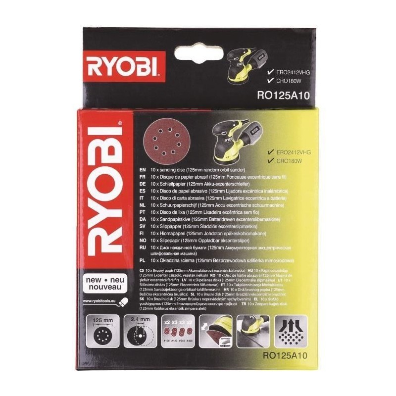 RYOBI - 10 disques diam. 125 mm auto-agrippants pour ponceuse excentri