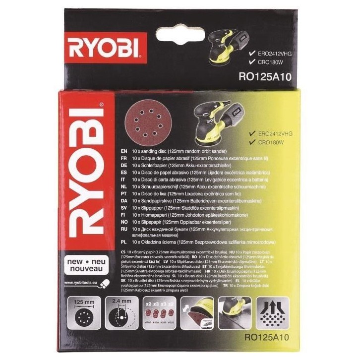 RYOBI - 10 disques diam. 125 mm auto-agrippants pour ponceuse excentrique, grain 100 / 120 / 240 / 320 - RO125A10 RYOBI - 10 disques diam. 125 mm auto-agrippants pour ponceuse excentrique, grain 100 / 120 / 240 / 320 - RO125A10