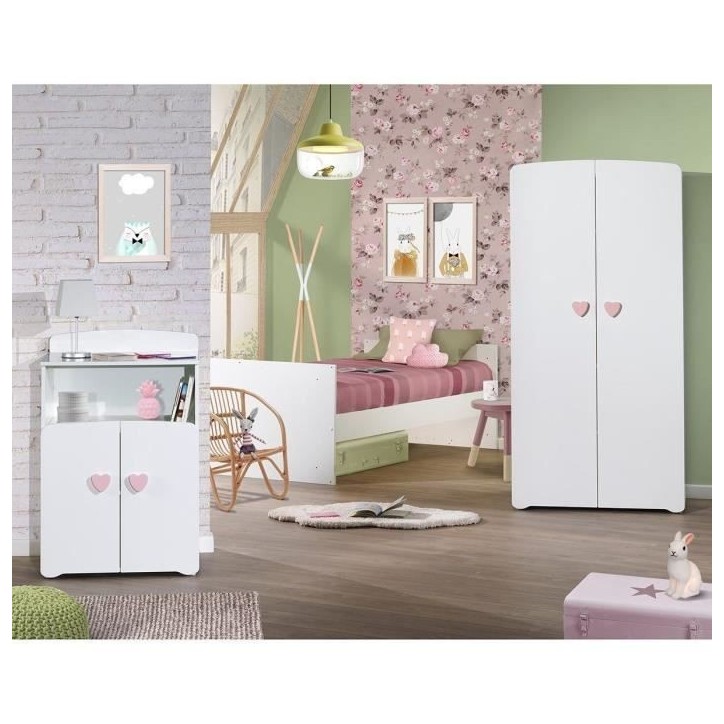 Lit bébé combiné évolutif - BABY PRICE - Basic - Blanc - Bouton coeur rose -60 x 120 cm