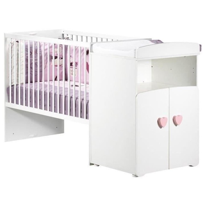 Lit bébé combiné évolutif - BABY PRICE - Basic - Blanc - Bouton coeur rose -60 x 120 cm