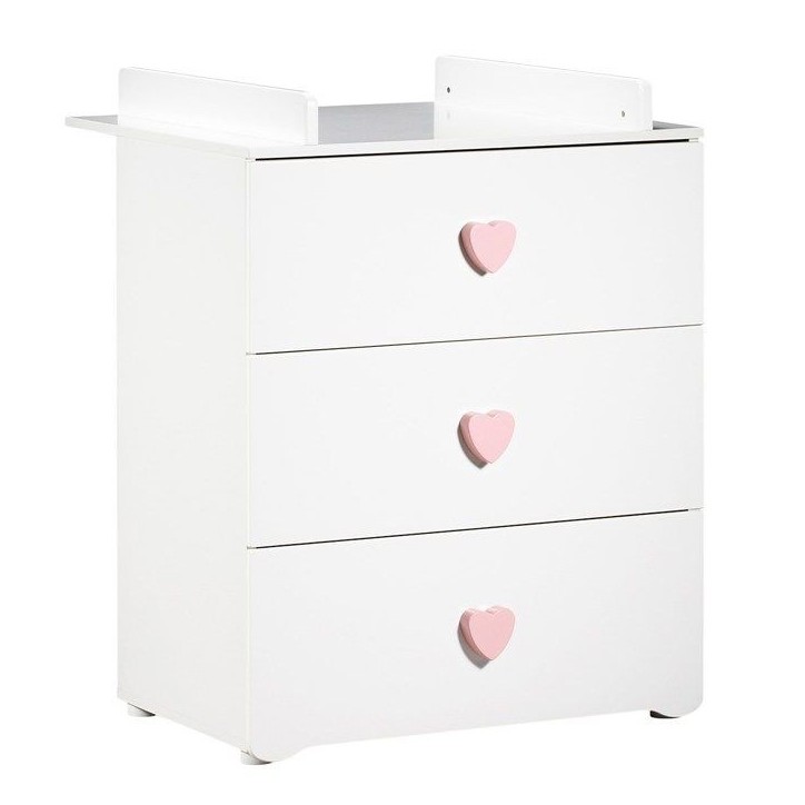 Commode a langer - Babyprice - Basic - 3 tiroirs - En bois - Boutons coeur rose