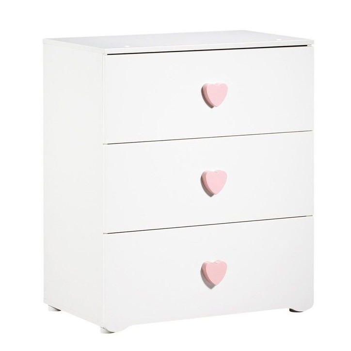 Commode a langer - Babyprice - Basic - 3 tiroirs - En bois - Boutons coeur rose