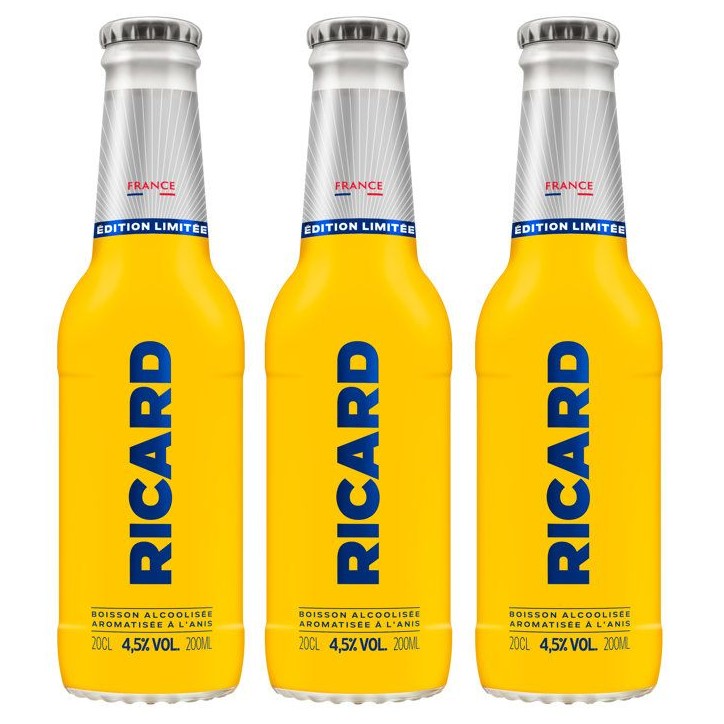 Ricard - Boisson alcoolisée aromatisée a l'anis - Bouteille - 4,5 % Vol. - Pack de 3 x 20cl Ricard - Boisson alcoolisée aromatisée a l'anis - Bouteille - 4,5 % Vol. - Pack de 3 x 20cl