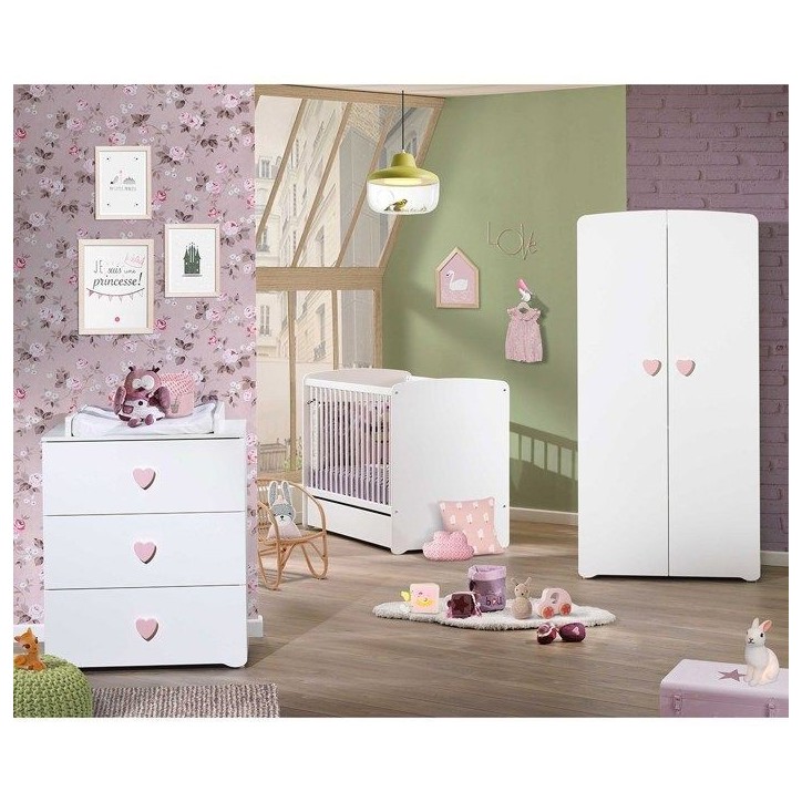 Commode a langer - Babyprice - Basic - 3 tiroirs - En bois - Boutons coeur rose