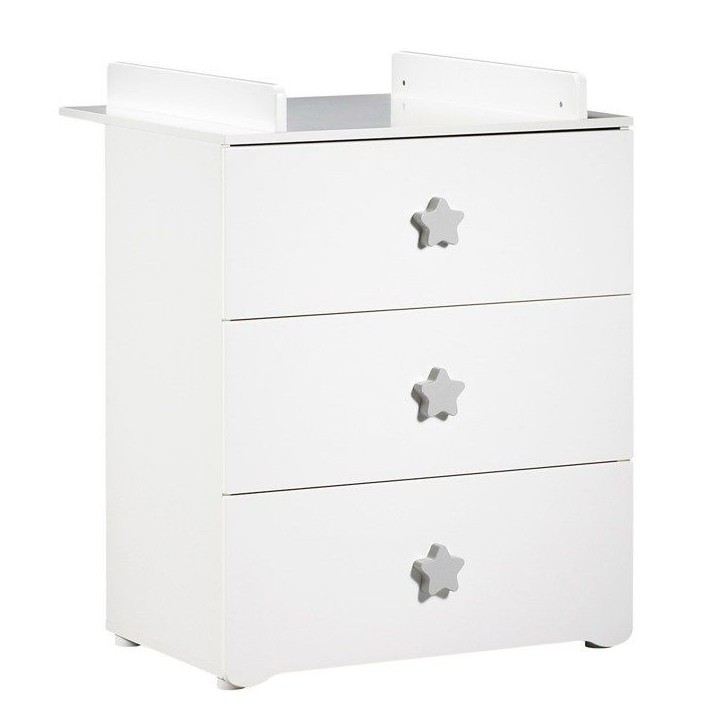 Commode a langer - Babyprice - Basic - 3 tiroirs - Blanche - Boutons étoiles grises