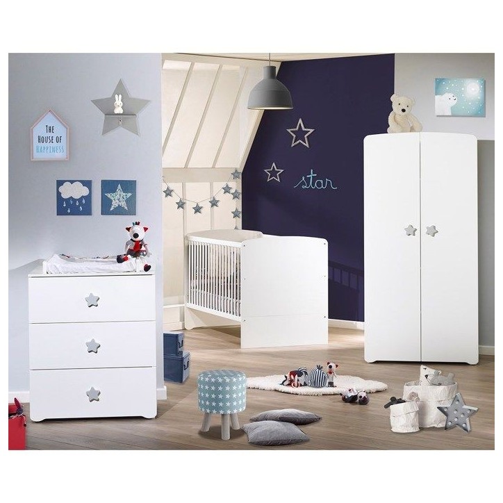 Commode a langer - Babyprice - Basic - 3 tiroirs - Blanche - Boutons étoiles grises
