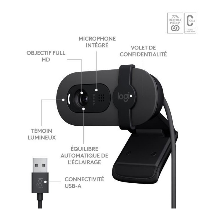 Webcam - Full HD 1080p - Logitech - Brio 100 - Microphone intégré - Graphite