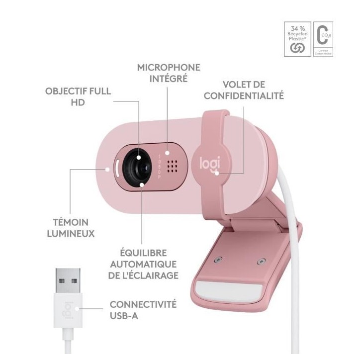 Webcam - Full HD 1080p - Logitech - Brio 100 - Microphone intégré - Rose