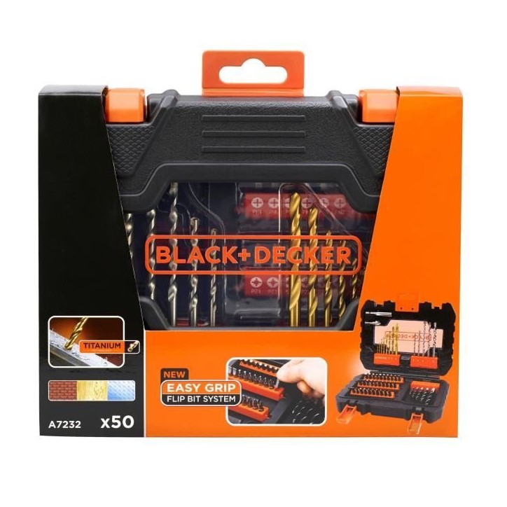 Coffret perçage vissage - BLACK+DECKER - A7232-XJ - 50 Accessoires - Forets, Embouts, Fraise Coffret perçage vissage - BLACK+DECKER - A7232-XJ - 50 Accessoires - Forets, Embouts, Fraise