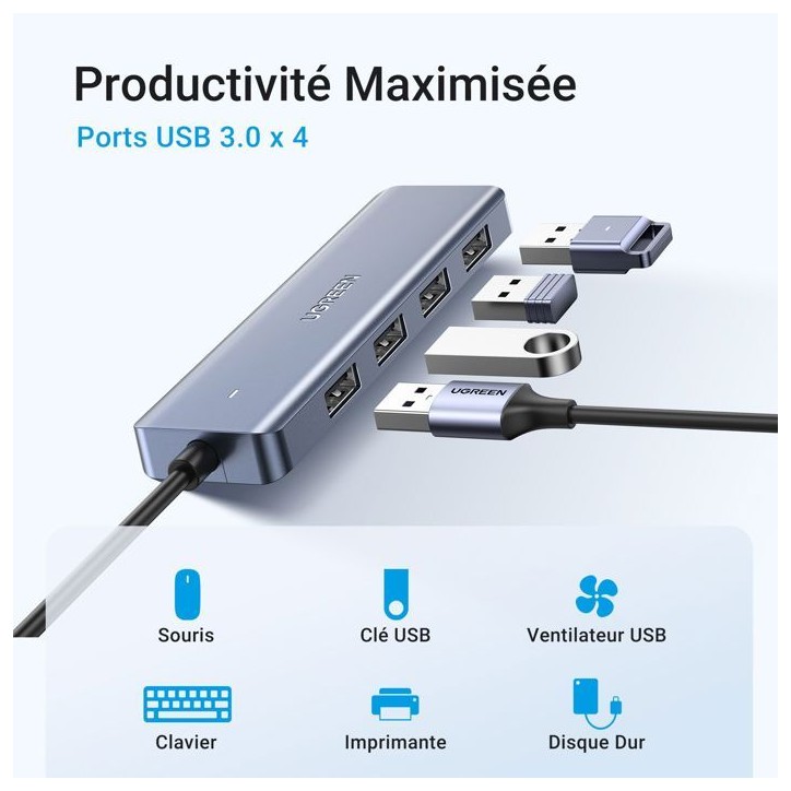 Hub USB - UGREEN - 4 ports USB 3.0 + USB-C - Gris Hub USB - UGREEN - 4 ports USB 3.0 + USB-C - Gris