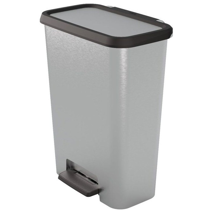 Poubelle a pédale - CURVER - COMPATTA - 50 L - Gris aspect métal - Polypropylene