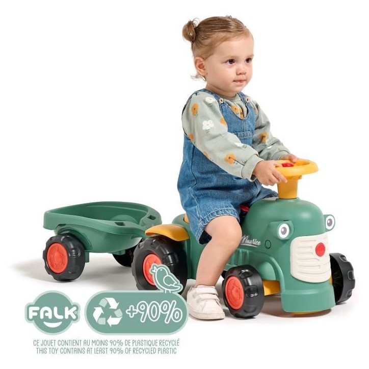 Porteur tracteur Maurice - FALK - Volant directionnel et remorque - 100% Fabriqué en France - 90% de plastique recyclé - Des 1