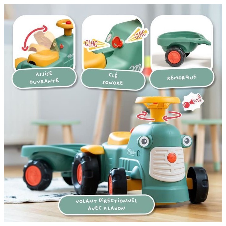 Porteur tracteur Maurice - FALK - Volant directionnel et remorque - 100% Fabriqué en France - 90% de plastique recyclé - Des 1