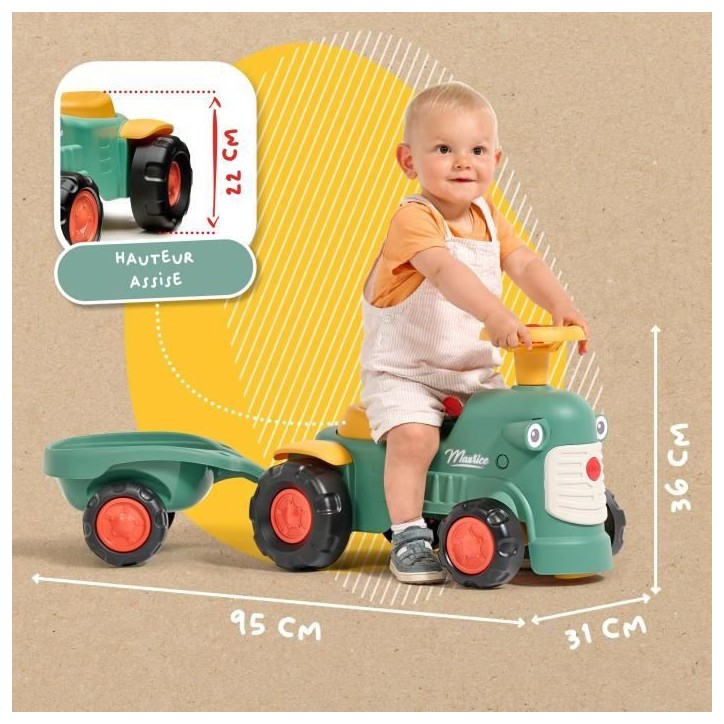 Porteur tracteur Maurice - FALK - Volant directionnel et remorque - 100% Fabriqué en France - 90% de plastique recyclé - Des 1
