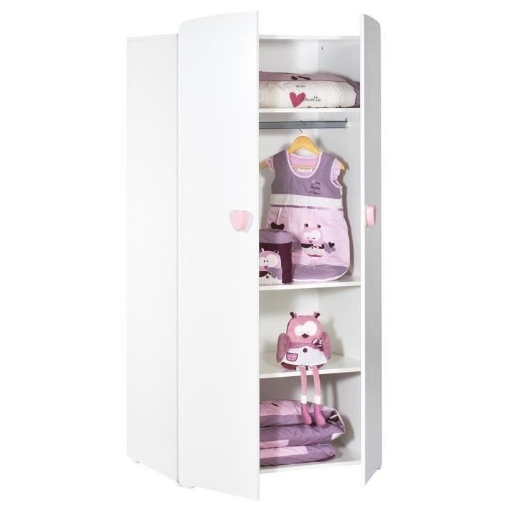 Armoire bébé Basic - MDF - Blanc - 2 portes - Bouton coeur rose - 85 x 175 x 56 cm - BABY PRICE Armoire bébé Basic - MDF - Blanc - 2 portes - Bouton coeur rose - 85 x 175 x 56 cm - BABY PRICE