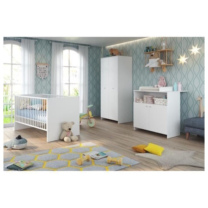 Chambre bébé Trio : Lit 70 x 140 cm + Commode a langer + Armoire NIKO - Blanc - TREND TEAM