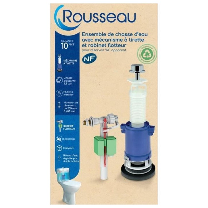 Kit chasse d'eau a tirette - ROUSSEAU - Certifié NF - Silencieux - Anti-siphonage - Réglable Kit chasse d'eau a tirette - ROUSSEAU - Certifié NF - Silencieux - Anti-siphonage - Réglable