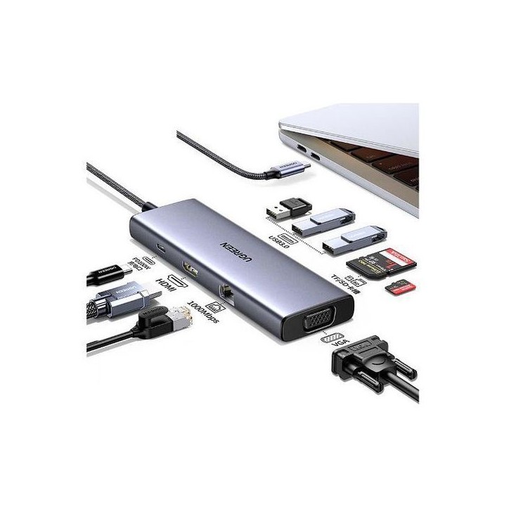 Hub USB-C 9 en 1 - UGREEN - HDMI, VGA, RJ45, SD, TF, USB-C - Noir