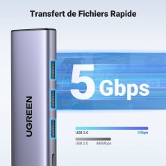 Hub USB - UGREEN - 5 en 1 - 3x USB 3.2, USB-C, HDMI 4K 30Hz - Noir