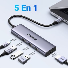 Hub USB - UGREEN - 5 en 1 - 3x USB 3.2, USB-C, HDMI 4K 30Hz - Noir