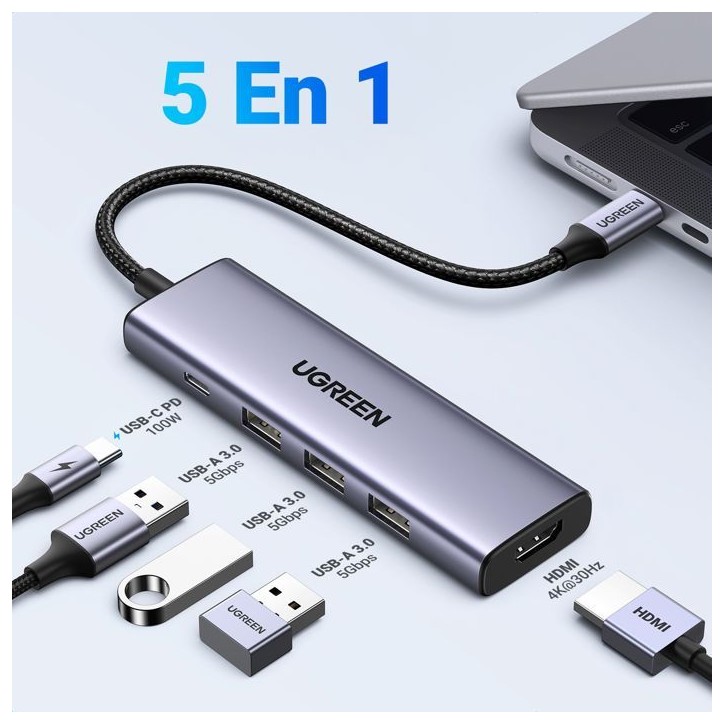 Hub USB - UGREEN - 5 en 1 - 3x USB 3.2, USB-C, HDMI 4K 30Hz - Noir Hub USB - UGREEN - 5 en 1 - 3x USB 3.2, USB-C, HDMI 4K 30Hz - Noir