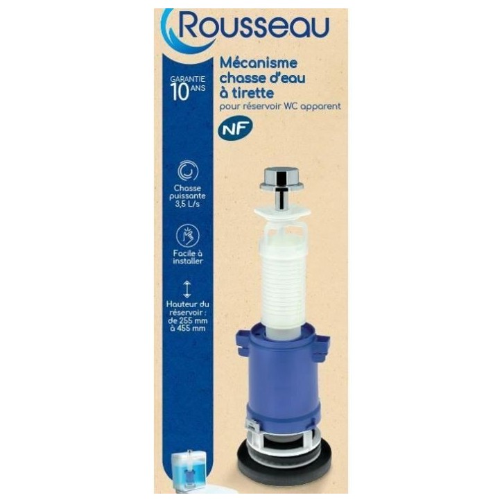 Mécanisme de chasse d'eau a tirette - ROUSSEAU - Certifié NF - Débit puissant 3,5 L/s - Réglable 255-455 mm Mécanisme de chasse d'eau a tirette - ROUSSEAU - Certifié NF - Débit puissant 3,5 L/s - Réglable 255-455 mm