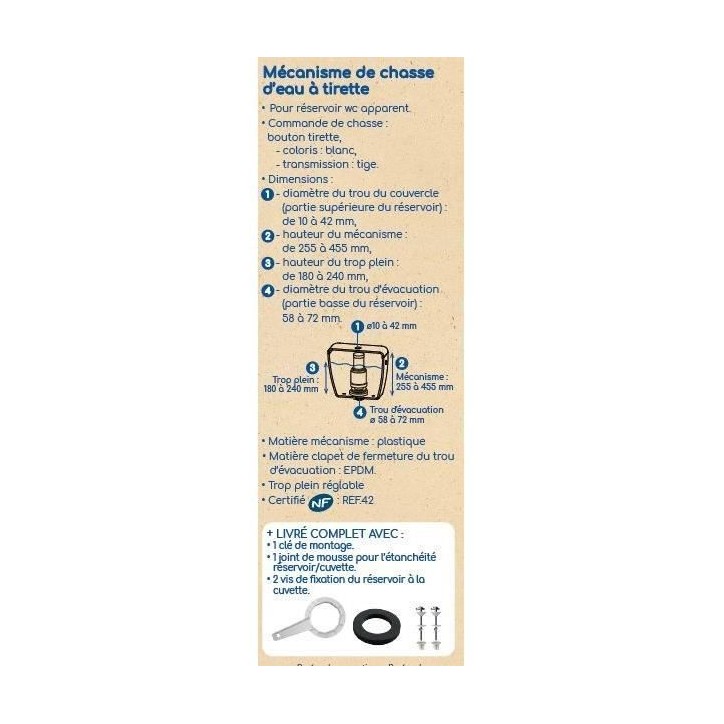 Mécanisme de chasse d'eau a tirette - ROUSSEAU - Certifié NF - Débit puissant 3,5 L/s - Réglable 255-455 mm Mécanisme de chasse d'eau a tirette - ROUSSEAU - Certifié NF - Débit puissant 3,5 L/s - Réglable 255-455 mm