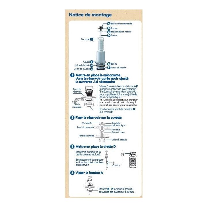 Mécanisme de chasse d'eau a tirette - ROUSSEAU - Certifié NF - Débit puissant 3,5 L/s - Réglable 255-455 mm Mécanisme de chasse d'eau a tirette - ROUSSEAU - Certifié NF - Débit puissant 3,5 L/s - Réglable 255-455 mm
