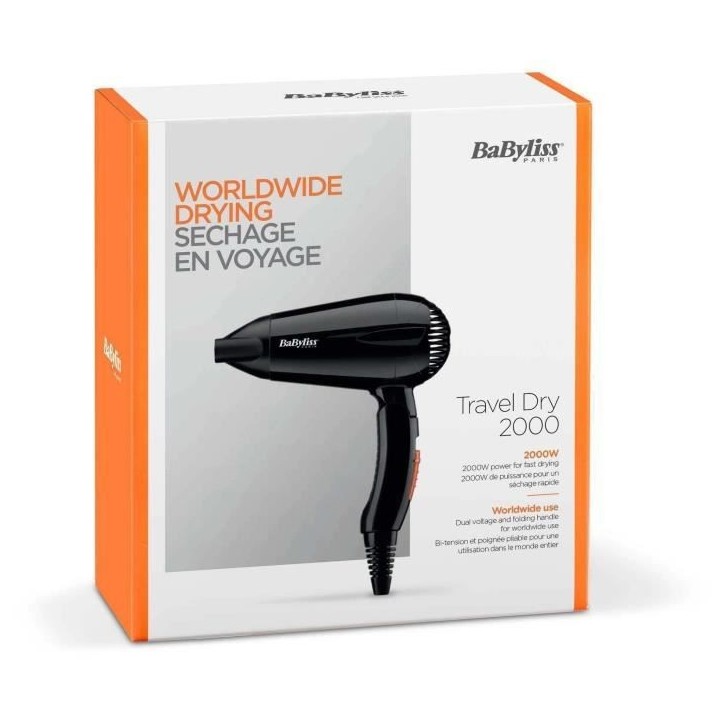 Seche-cheveux - BaByliss - 5344E Travel Dry 2000 - Compact Léger avec poignée pliable Seche-cheveux - BaByliss - 5344E Travel Dry 2000 - Compact Léger avec poignée pliable