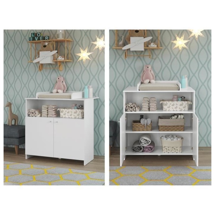 Chambre bébé Trio : Lit 70 x 140 cm + Commode a langer + Armoire NIKO - Blanc - TREND TEAM