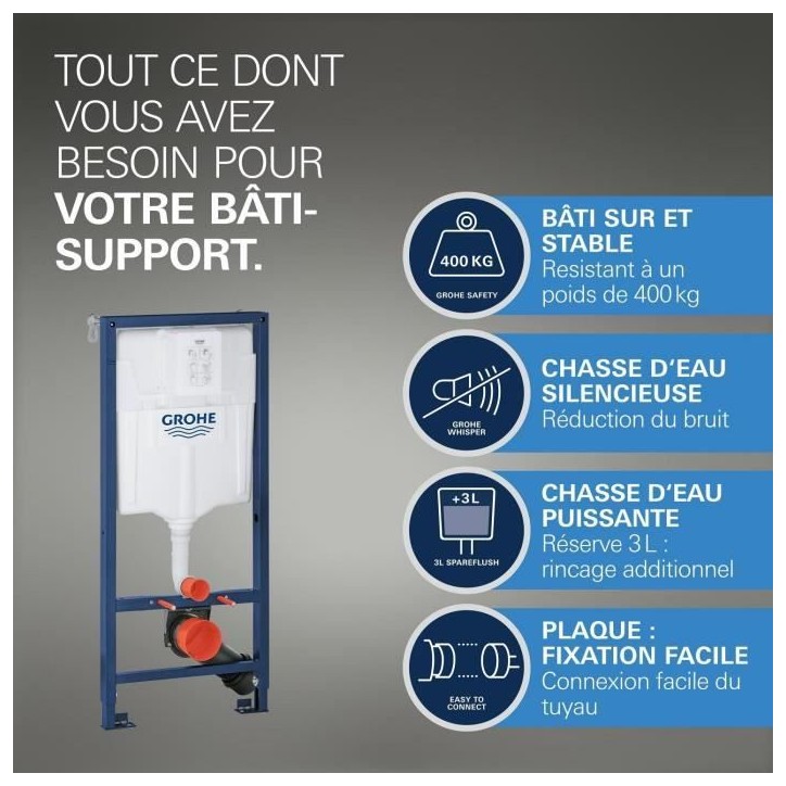 Pack Bâti support 5 en 1 - GROHE - Blanc - Céramique - Cuvette + abattant + plaque de commande + supports muraux + isolation