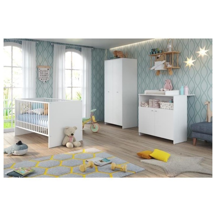 Chambre bébé Trio : Lit 70 x 140 cm + Commode a langer + Armoire NIKO - Blanc - TREND TEAM