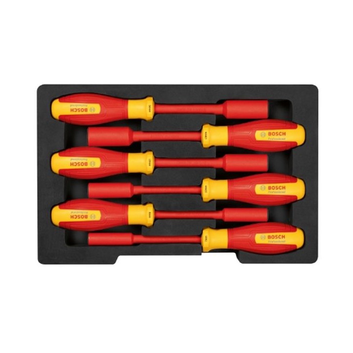 Set de clés a douilles VDE - BOSCH - 6 pieces - 7-14 mm - Certifié jusqu'a 1000 V - Ergonomique Set de clés a douilles VDE - BOSCH - 6 pieces - 7-14 mm - Certifié jusqu'a 1000 V - Ergonomique