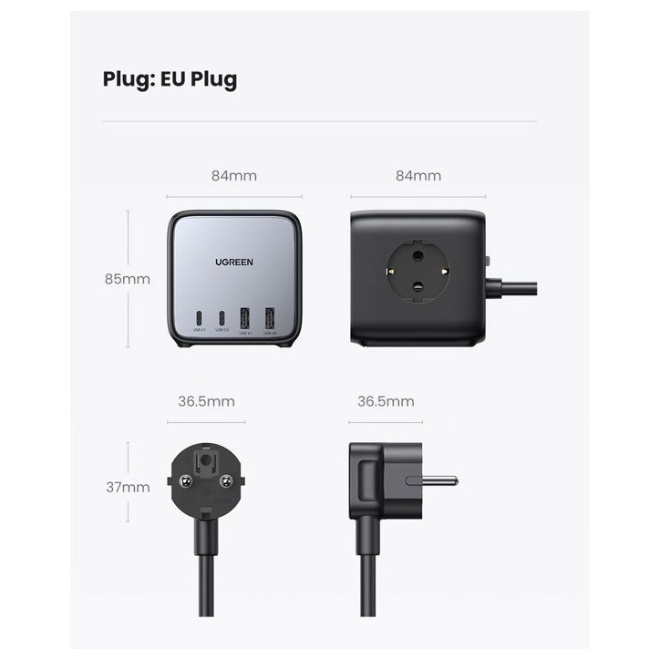 Chargeur rapide de bureau - UGREEN - 65W - Avec prises intégrées - Gris / Noir Chargeur rapide de bureau - UGREEN - 65W - Avec prises intégrées - Gris / Noir