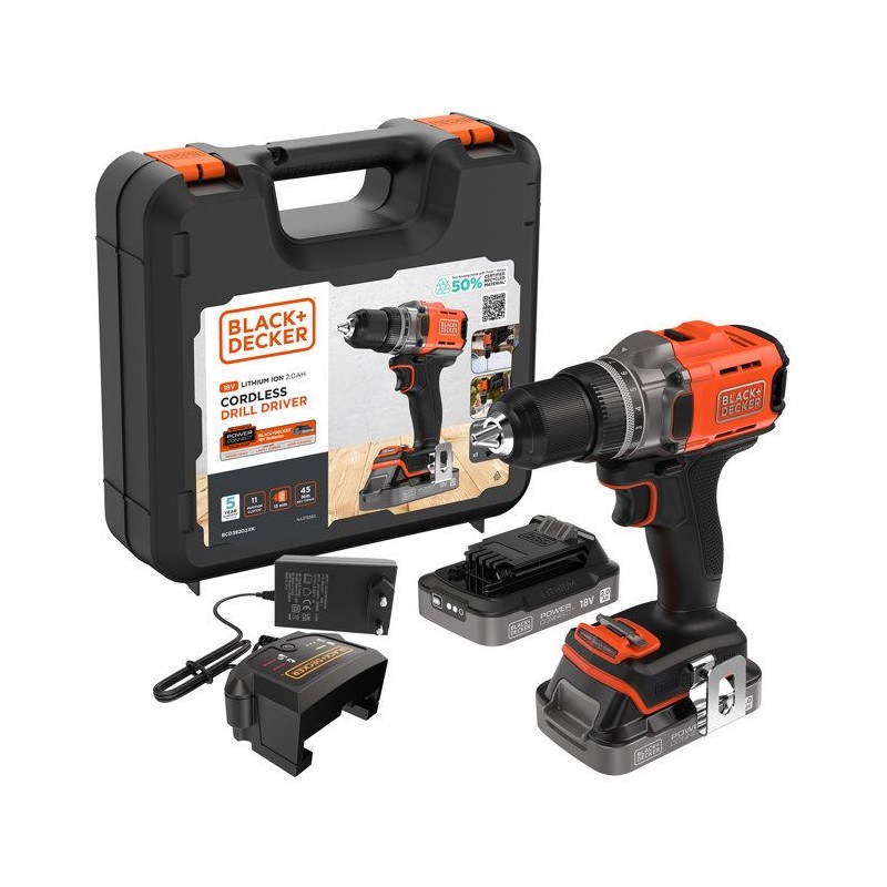 Perceuse visseuse sans fil 18V + 2 batteries 2Ah + chargeur - BLACK&DE