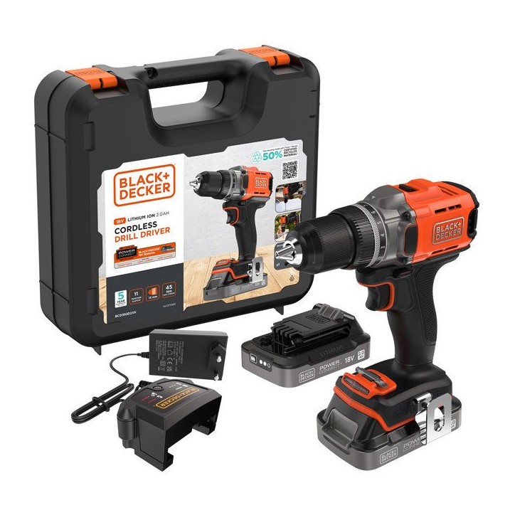 Perceuse visseuse sans fil 18V + 2 batteries 2Ah + chargeur - BLACK&DECKER - BCD382D2XK-QW - Avec mallette de transport Perceuse visseuse sans fil 18V + 2 batteries 2Ah + chargeur - BLACK&DECKER - BCD382D2XK-QW - Avec mallette de transport