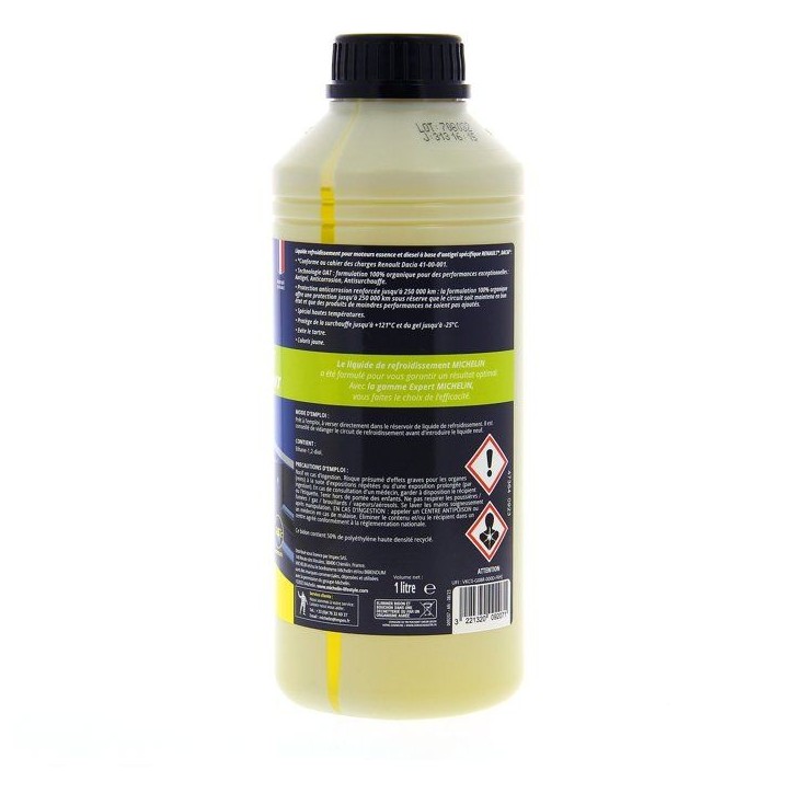 Liquide de refroidissement - MICHELIN - Jaune - Adapté aux normes RENAULT DACIA - 1L Liquide de refroidissement - MICHELIN - Jaune - Adapté aux normes RENAULT DACIA - 1L