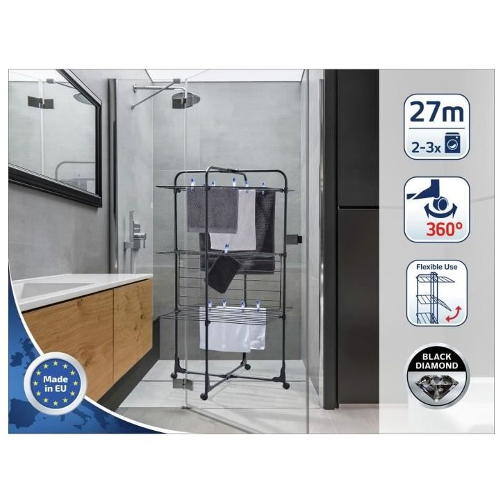 Séchoir a linge - Leifheit - 270 Classic Black - Etendoir a linge avec 27 m d'étendage - Grilles rabattables - Tour 3 niveaux Séchoir a linge - Leifheit - 270 Classic Black - Etendoir a linge avec 27 m d'étendage - Grilles rabattables - Tour 3 niveaux