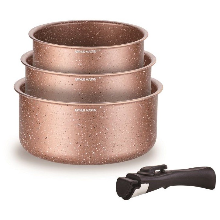 Set de 3 casseroles - Tous feux dont induction - ARTHUR MARTIN - AM2366 - Ø 16,18 et 20 cm + 1 poignée amovible - Terracotta Set de 3 casseroles - Tous feux dont induction - ARTHUR MARTIN - AM2366 - Ø 16,18 et 20 cm + 1 poignée amovible - Terracotta