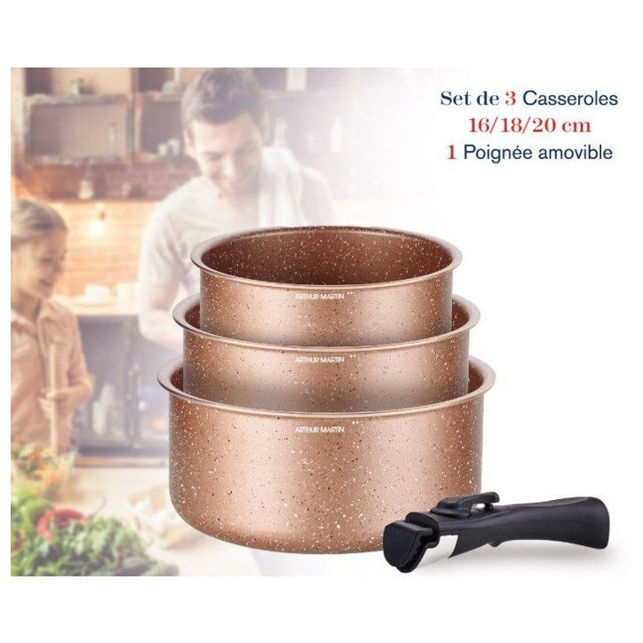 Set de 3 casseroles - Tous feux dont induction - ARTHUR MARTIN - AM2366 - Ø 16,18 et 20 cm + 1 poignée amovible - Terracotta Set de 3 casseroles - Tous feux dont induction - ARTHUR MARTIN - AM2366 - Ø 16,18 et 20 cm + 1 poignée amovible - Terracotta