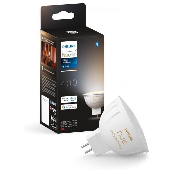 Ampoule connectée - PHILIPS HUE - MR16 - Lumiere blanche - Compatible bluetooth - Fonctionne avec App et voix