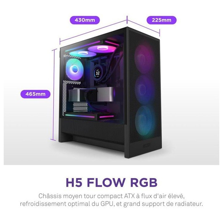 Boitier moyen-tour compact ATX - NZXT - CC-H52FB-R1 - H5 Flow RGB avec ventilateurs RGB inclus - Noir Boitier moyen-tour compact ATX - NZXT - CC-H52FB-R1 - H5 Flow RGB avec ventilateurs RGB inclus - Noir