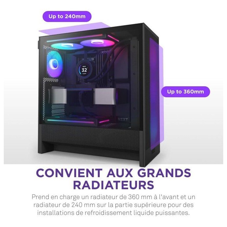 Boitier moyen-tour compact ATX - NZXT - CC-H52FB-R1 - H5 Flow RGB avec ventilateurs RGB inclus - Noir Boitier moyen-tour compact ATX - NZXT - CC-H52FB-R1 - H5 Flow RGB avec ventilateurs RGB inclus - Noir
