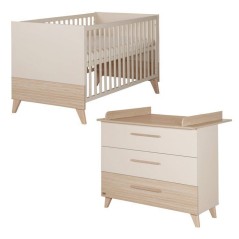 Chambre bébé duo : Lit évolutif 70 x 140 cm + Commode a langer - SIDNEY - ROBA - Chene / Beige