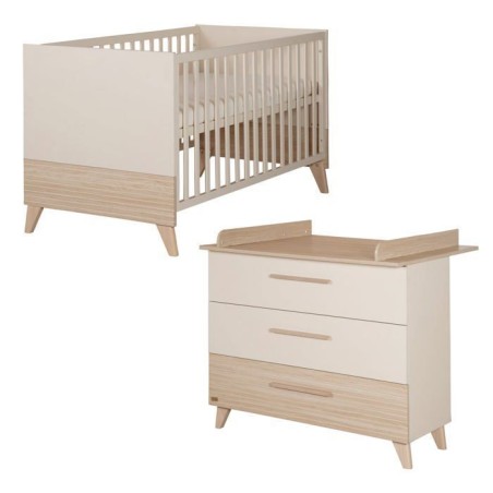 Chambre bébé duo : Lit évolutif 70 x 140 cm + Commode a langer - SIDNEY - ROBA - Chene / Beige