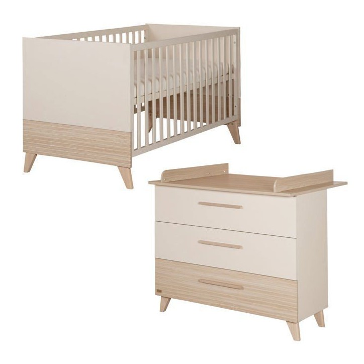 Chambre bébé duo : Lit évolutif 70 x 140 cm + Commode a langer - SIDNEY - ROBA - Chene / Beige