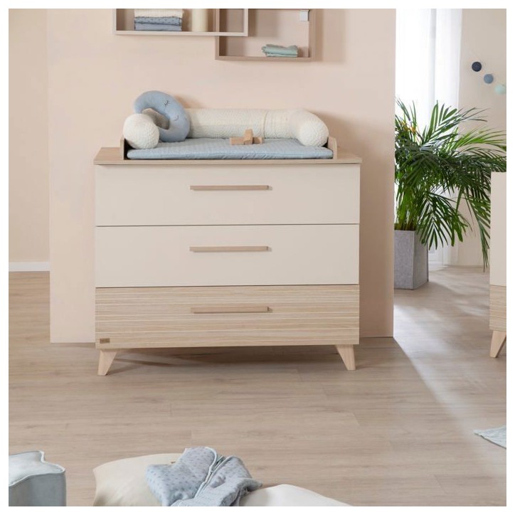 Chambre bébé duo : Lit évolutif 70 x 140 cm + Commode a langer - SIDNEY - ROBA - Chene / Beige